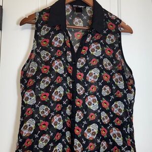 Hot Topic Sugar Skull Rose Sheer Chiffon Button Front Blouse Goth Large